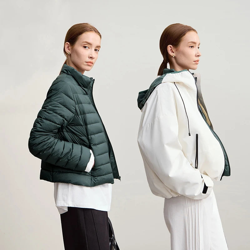AMII Down Jackets Woman 2026 Winter New Commuter Patchwork Hooded Long Sleeves Jacket Short Loose Warm Women's Top 12544036