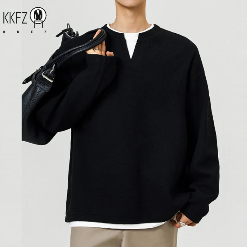 Youth Casual Fake Two Piece Top For Males Notch Collar Long Sleeve Waffle Weave Fabric Travel Friendly Clothing