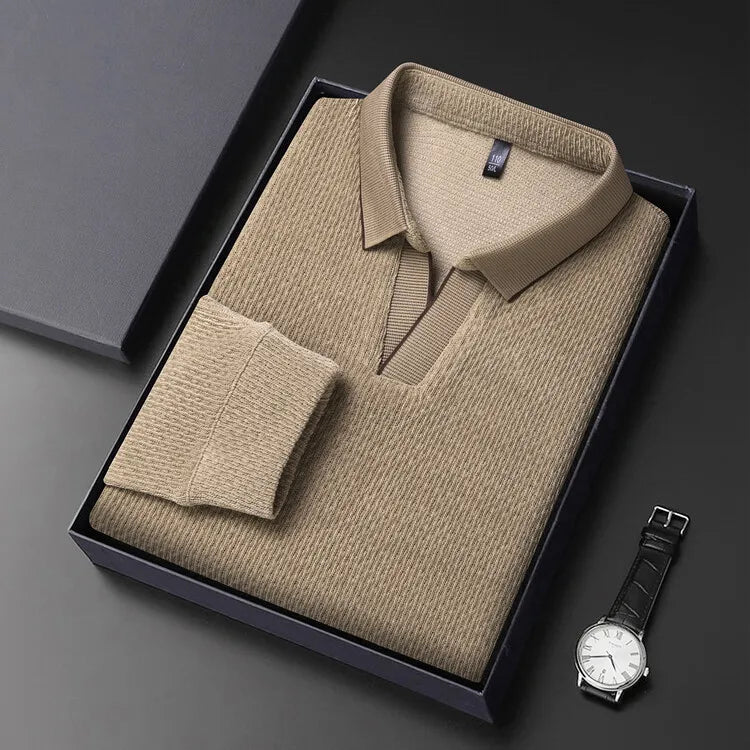Solid color daily V-neck sweater men's business casual POLO shirt, stretchable, warm autumn new pullover knitwear.