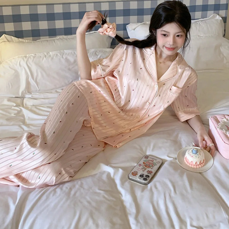 2PCS/Set Summer Pyjamas Woman Pajamas Elegant Short Sleeve and Long Pants Sleepwear Women's Nightie Homewear Home Nightwear