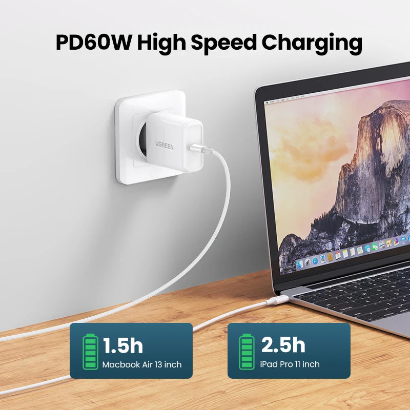 UGREEN PD60W USB-C to USB-C Cable Fast Charging for iPhone 17 Samsung S26 Xiaomi MacBook Air iPad Pro 3A Quick Charge 4.0 3.0