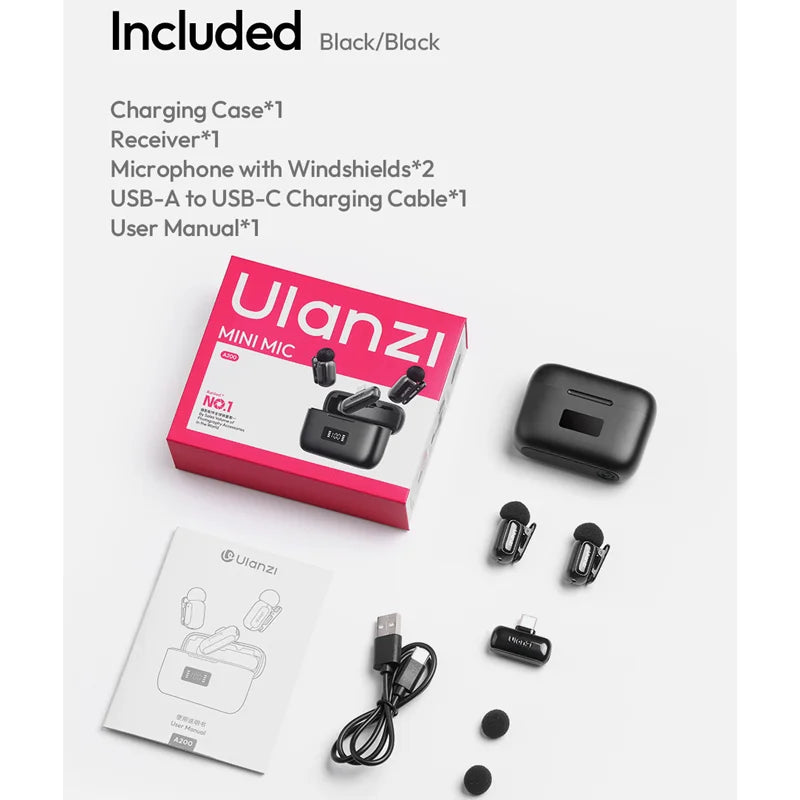មីក្រូហ្វូនឥតខ្សែ Ulanzi A200 Mini Lapel Mic បញ្ជាបាន 100 ម៉ែត្រ សម្រាប់ថតវីដេអូ LiveStreaming Camera ស្មាតហ្វូន កុំព្យូទ័រយួរដៃ