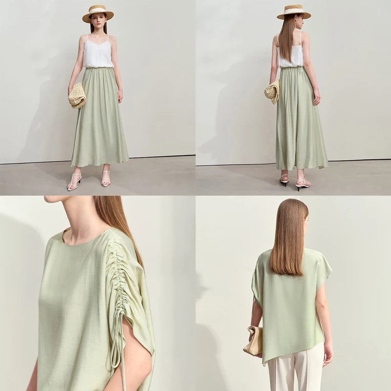 អាវ Amii Minimalism Chiffon ពាក់កណ្តាលសំពត់សម្រាប់នារី រដូវក្តៅឆ្នាំ ២០២៥ អាវថ្មីមូលដ្ឋានពណ៌រឹង លក់ដាច់ដោយឡែក សំពត់បត់ផ្នត់ 12552059
