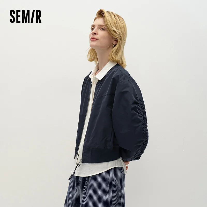 Semir Women Jacket Baseball Collar Plaid Patchwork Faux Layer Loose 2026 Autumn College Style Casual Outerwear Daily Wear