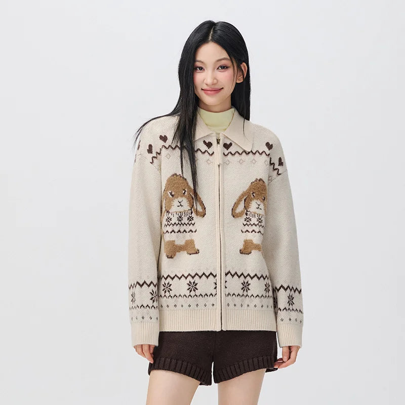 Semir Women Knit Cardigan Turn Down Collar Oversized Fit Geometric Jacquard 2026 New Winter Daily Wear Urban Casual Style