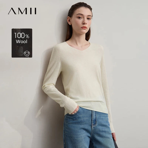 AMII Women's Sweater 2026 Autumn New Versatile V-neck Solid Women's Clothing Wool Sweater Basic Long Sleeves Top Female 12523164