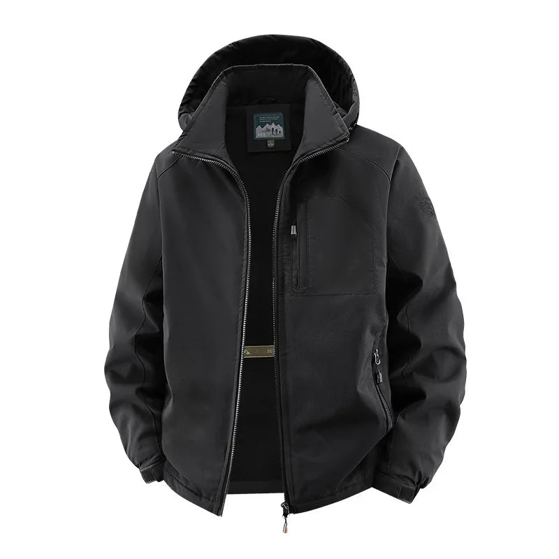 Men's Detachable Hood Jacket, Windproof Waterproof Outdoor Coat, Fleece-Lined Option, Army Green Khaki Navy Black