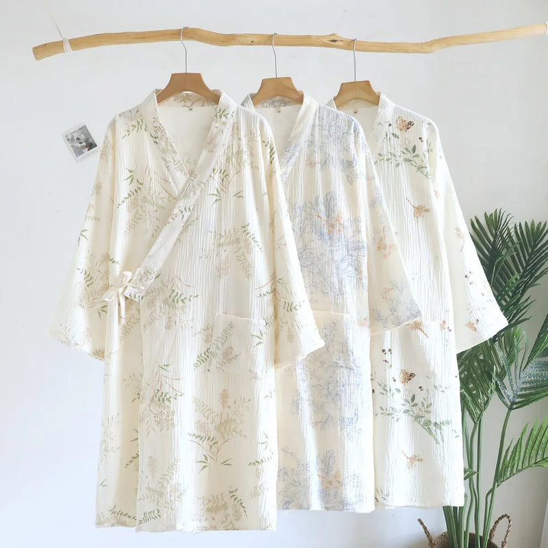 Kimono Robes Floral Dressing Gown Sleepwear Spring Autumn New 100% Cotton Long Sleeve Women's Bathrobe Nightie Pyjama Female