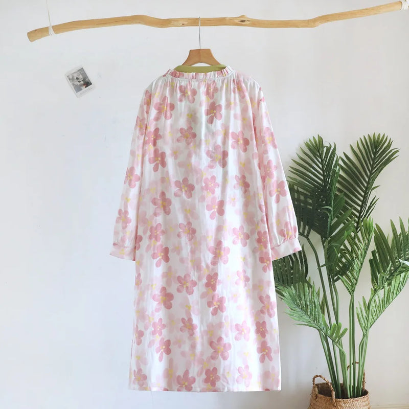 Pure Cotton Floral Robes For Woman Nightwear Sleepwear Soft Loungewear For Spring Autumn New Long-Sleeved Bathrobe Sleep Robe
