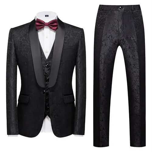 Men's Blue Jacquard Fabric Suit 3-Piece, Fashion Slim-Fit Blazer Jacket Trousers Vest, Spring  Autumn New Men Sets, Asian Size