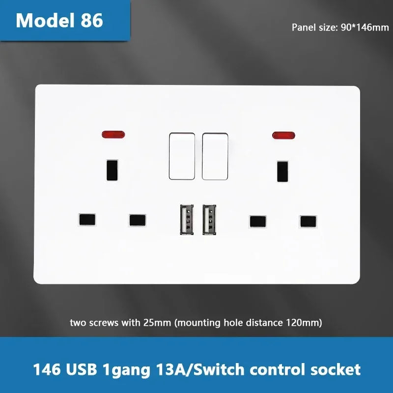 UK Standard Power Socket 13A Dual USB Plug Type-C Wall Outlet,1/2/3gang 2way Switch, White Universal 5pin Wall electrical socket