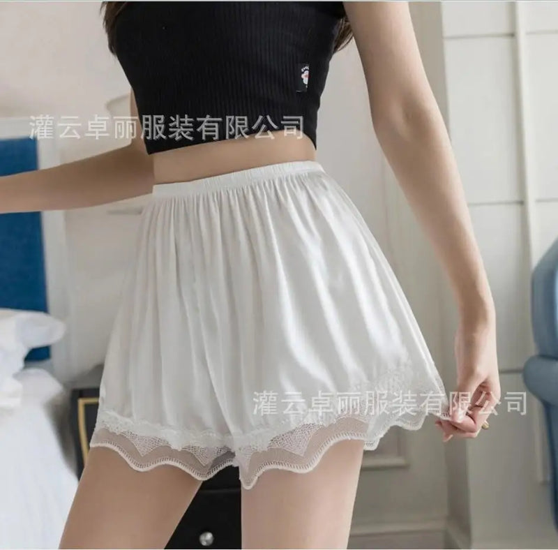 Lotus Leaf Edge Anti-light Leggings Safety Pajama Pants Women's Three-point Pants One Piece Hair-proof Silk Sleepwear Bottoms