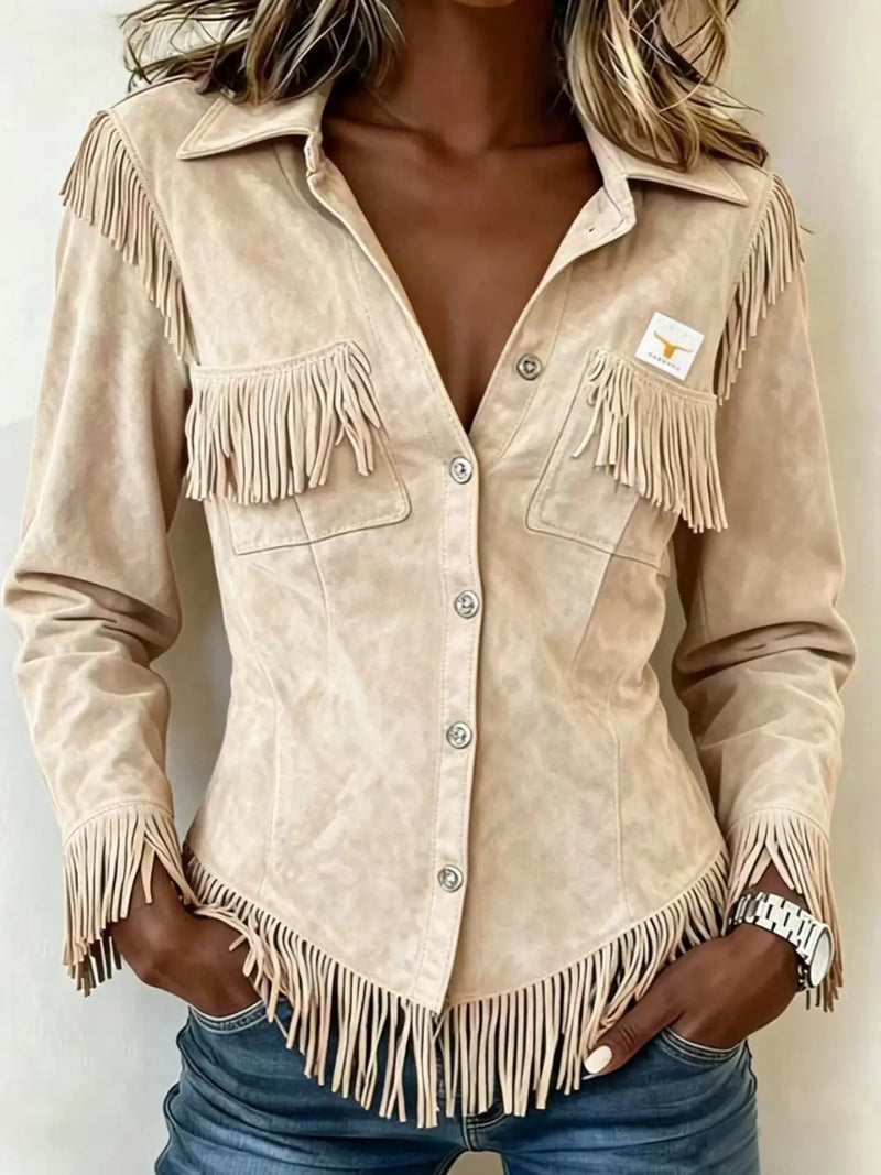 Women's Brown Long-sleeve Collared Shirt with A Slight Stretch, Made of Corduroy Fabric; Available in White or Gray.