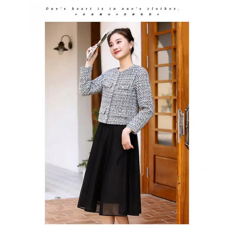 អាវធំ Tweed ផ្អែមបែបកូរ៉េថ្មីសម្រាប់នារី ម៉ូដសាមញ្ញ ដៃវែង ស្លីម ស្រស់ស្អាត បែបនារី ក O បែបបើកចំហរ ស្លៀកក្រៅ