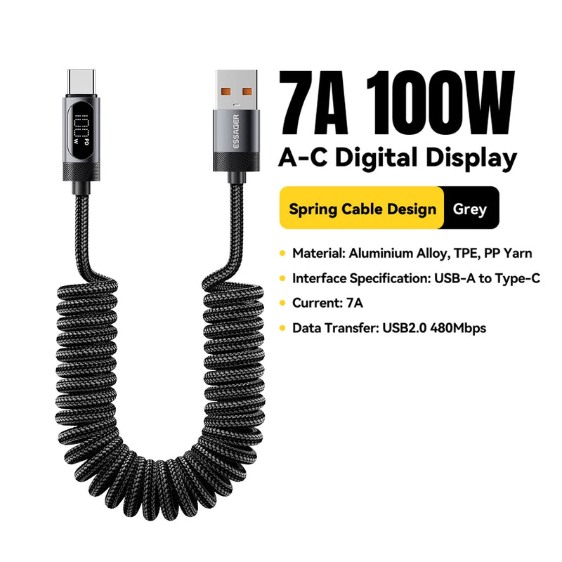 ខ្សែសាក Essager 100W Car Spring Type C សម្រាប់ iPhone 17 16 15 Pro Xiaomi Samsung PD សាកថ្មលឿនសម្រាប់ Macbook iPad ខ្សែ Type C ដល់ C