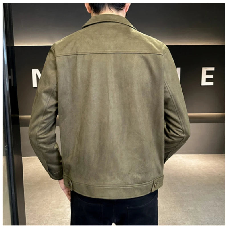 High-Grade Deerskin Velvet Padded Jacket,  Men's Lapel Short Solid Color Coat Brown