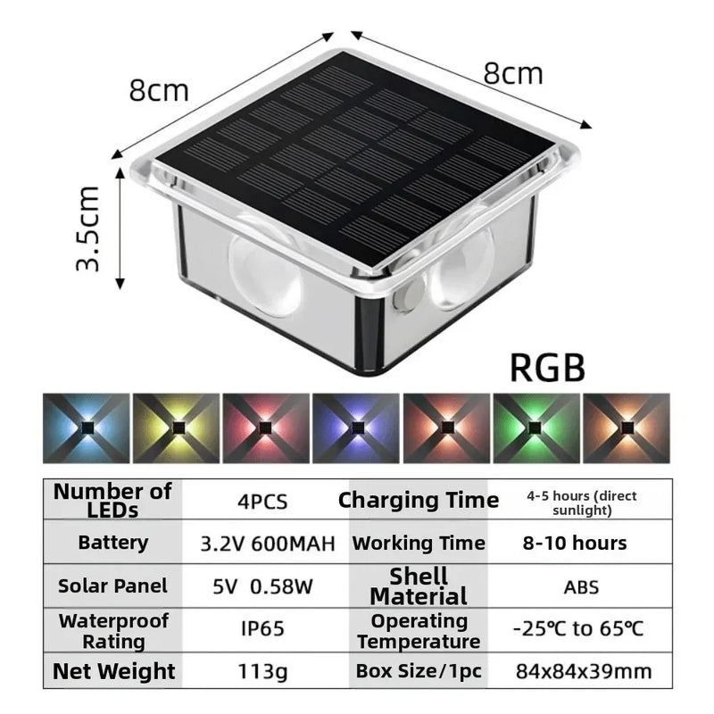 ភ្លើងជញ្ជាំង LED ដើរដោយថាមពលព្រះអាទិត្យ 4LED ក្តៅ/RGB ពហុពណ៌ ឡើងលើចុះក្រោម ភ្លើងជញ្ជាំង ចង្កៀងរបងការពារទឹកសម្រាប់សួនច្បារ ទីធ្លា ផ្លូវរានហាល