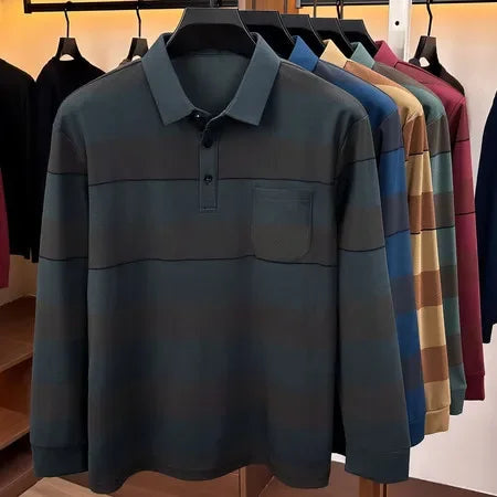 Business Casual Long Sleeve Striped Polo For Males Lapel Collar Soft Woven Fabric Neat Cut Travel Friendly Clothing