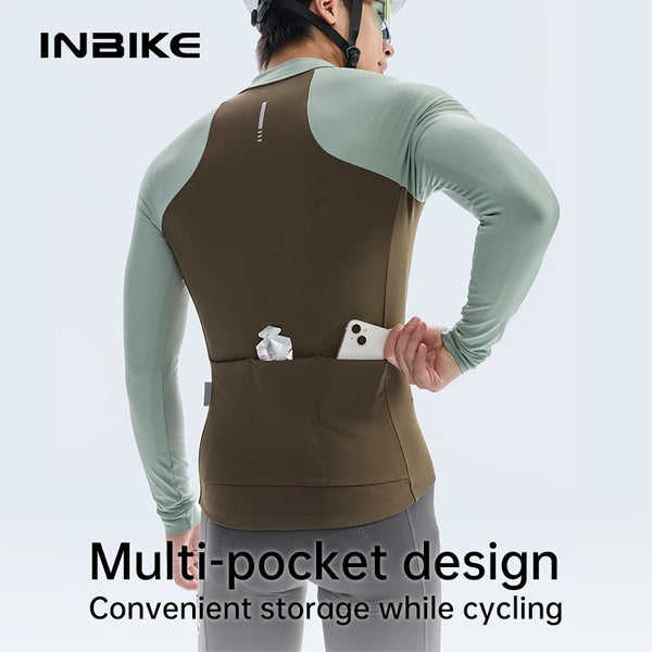 INBIKE Men's Winter Fleece Cycling Jersey Thermal Long Sleeve Road Cycling Top Clothing with Pockets Bike Riding Jersey 5-15°C