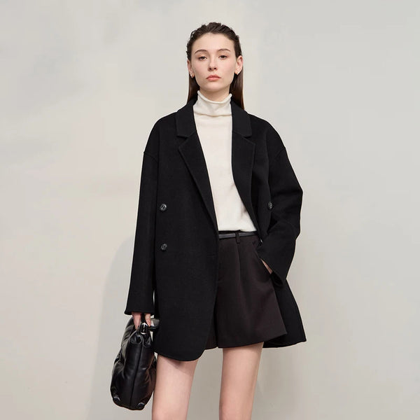 Amii Women's Coat 2026 Winter New Loose Double Breasted Versatile Women's Jacket Long Sleeves 100% Wool Overcoat Female 12524036