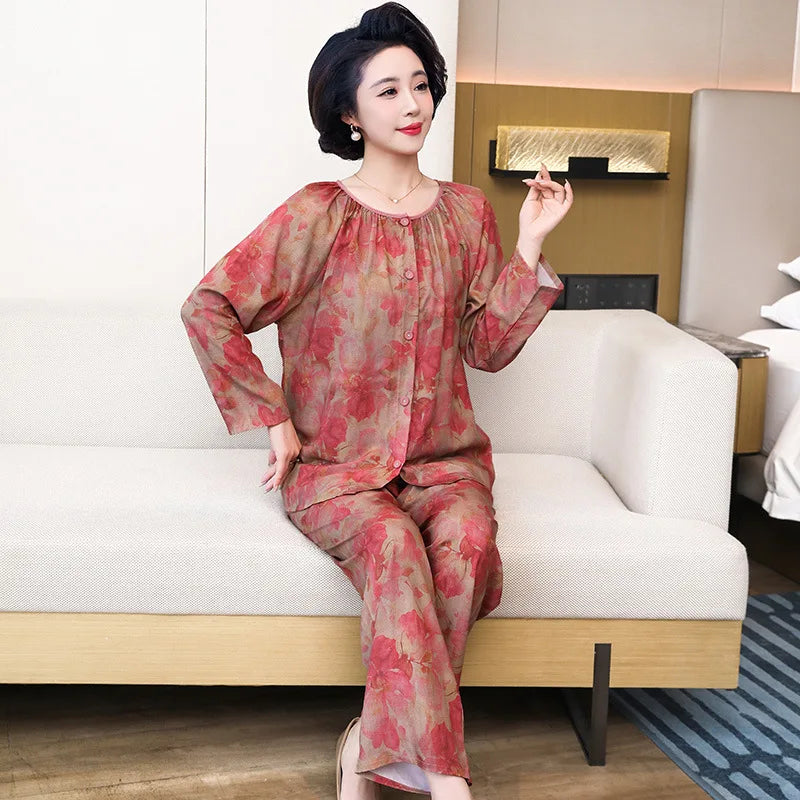 2 Piece Set Nightwear for Women Pajamas 2026 Spring Autumn Long Sleeve Middle-aged Home Wear Loungewear Set Woman Night Clothes