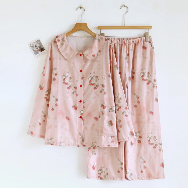 Women's Pajamas Set 2pcs Spring Autumn Long Sleeve Top with Trousers Home Wear Loungewear Lapel Button Cardigan Sleepwear Suit