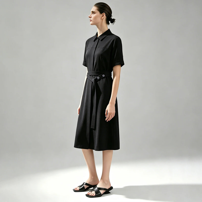 Amii Women's Casual Dresses 2026 Summer New Lapel Collar Dolman Sleeve With Belted Loose Office Shift Dress For Women 12642200