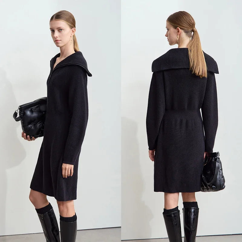 Amii Minimalist 2026 Winter New Women's Casual Knitted Skirt Lapel Shoulder Sleeve Zipper Semi-open Placket Waist Dress 12444240