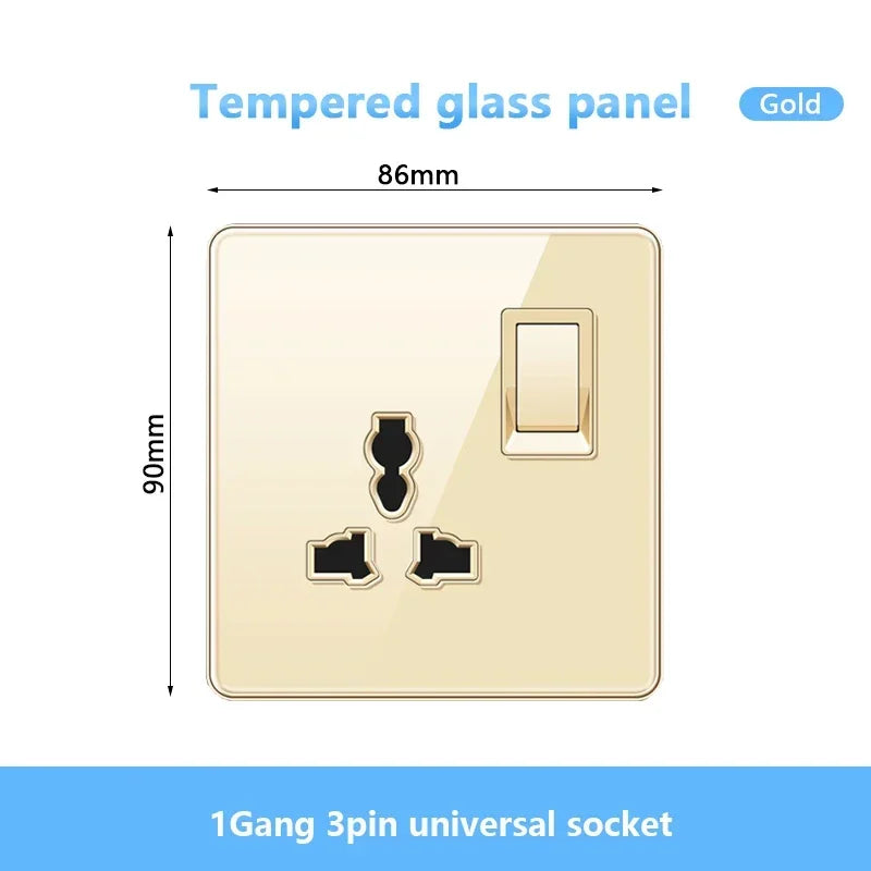 Gold UK 13A Tempered Glass USB Socket Plug,18W Type-C Fast charging Universal 3pin Dual Power Outlet,Wall 2way Light Switch