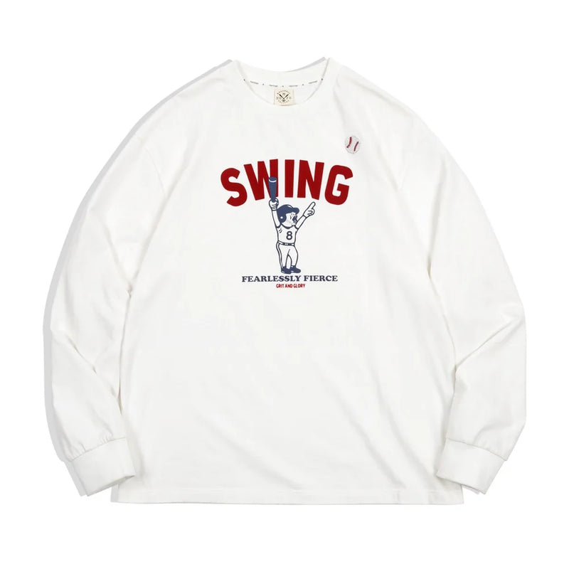 Maden Men's Three-dimensional Embroidered Baseball Pattern Long-sleeved T-shirts Crew Neck Cotton Bottom Shirts Autumn Tees