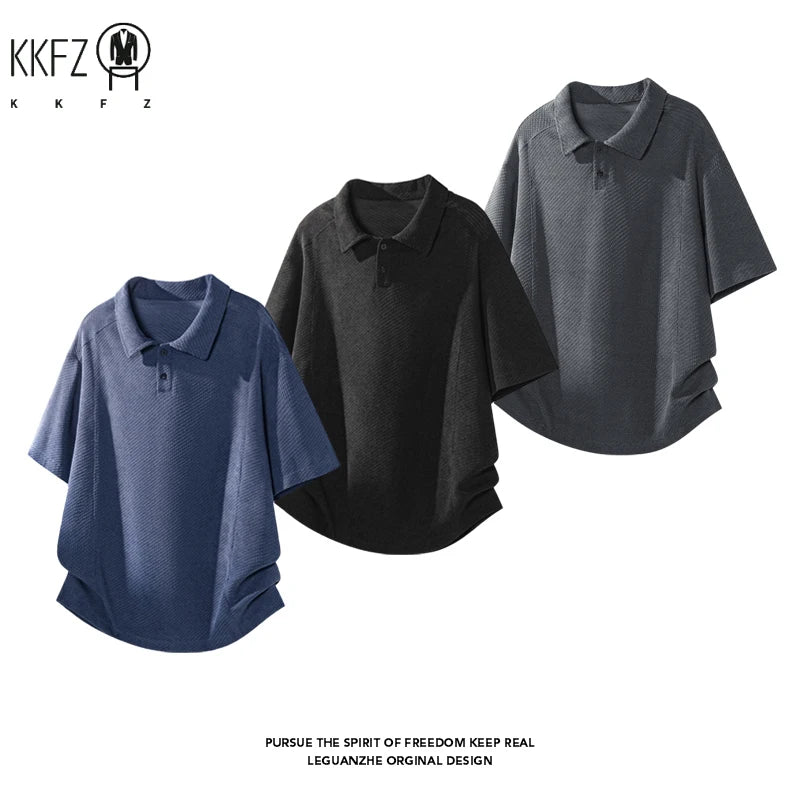 Mens Honeycomb Textured Polo Top Short Sleeve Lapel Neck Button Detail Loose Fit For Outdoor Leisure And Travel Outfit