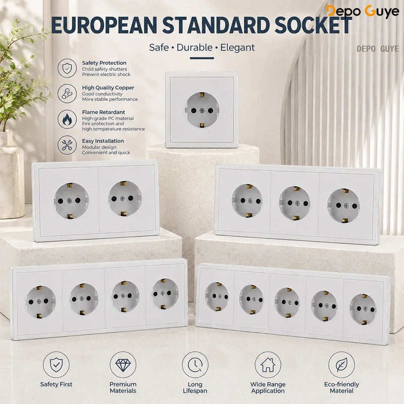 European Standard 1/2/3/4/5 Power Socket EU Standard Electrical Outlet White PC Panel Wall Electrical Outlets For Home Office