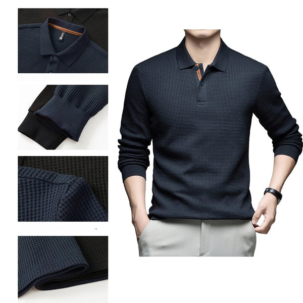 Men's Long Sleeve Waffle Knit Polo Shirt – Soft Cotton Blend, Slim Fit, Casual Business Top for Autumn Winter, Multi-Color
