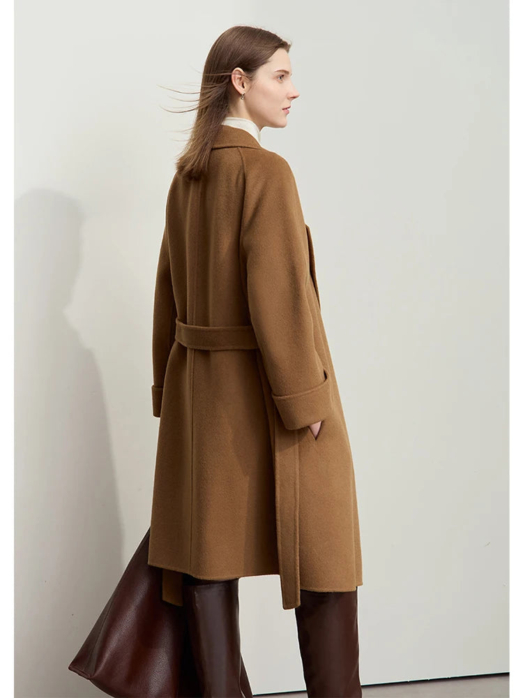 AMII Minimalist Woolen Coat for Women 2026 Winter New Warm Lapel Collar Long Sleeve with Belt 100% Wool Overcoat Female 12424009