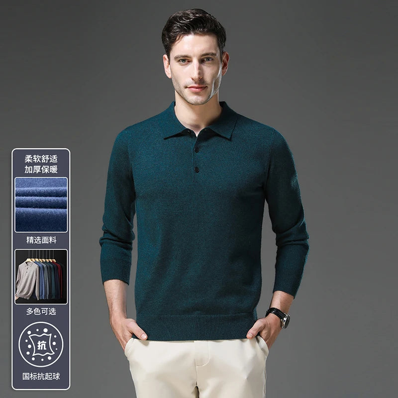 Men's Lapel Solid Color Woolen Sweater, Autumn & Winter New Stretch Top, Daily Leisure Pullover Knitwear, Business POLO