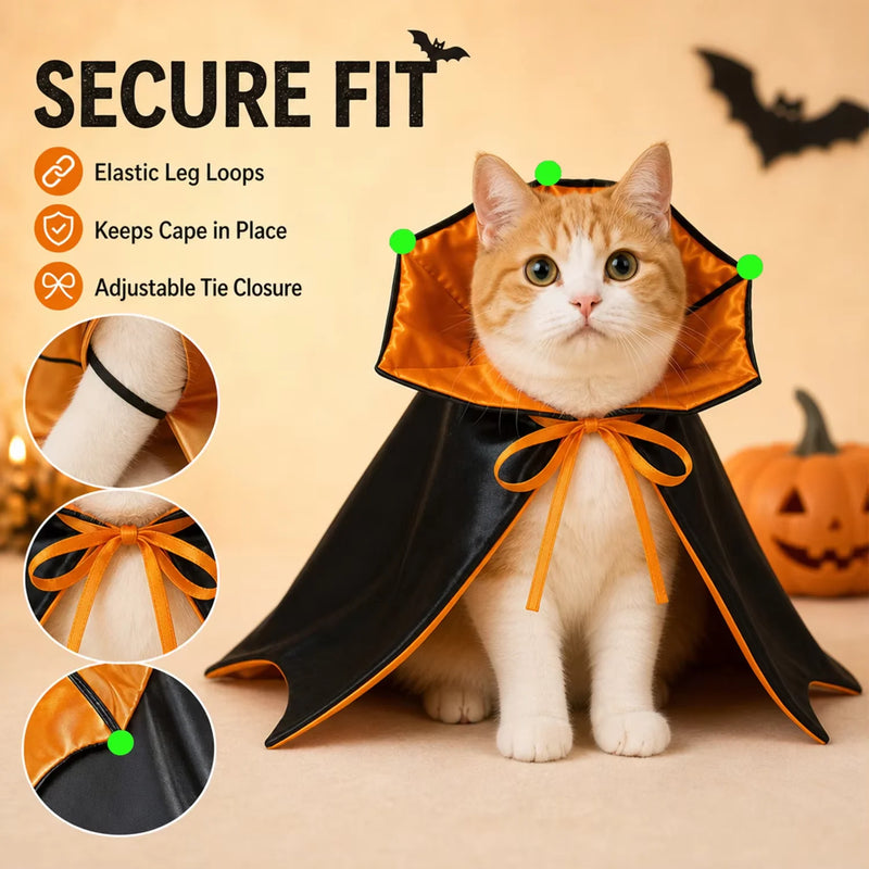 Halloween Vampire Cape for Cats & Small Dogs, Black Orange Bat Wing Pet Costume with Glowing Beads, Adjustable Elastic Straps