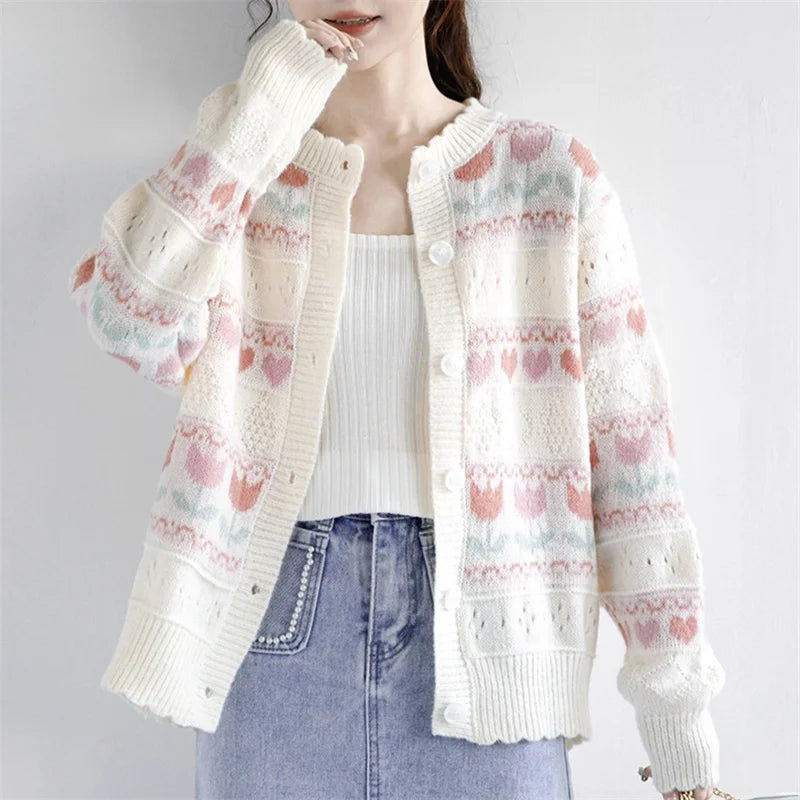 Fashion Printed Tops Sweater Women 2026 Outerwears Spring Autumn Warm Knitted Jacket Long Sleeve Women's Cardigans Coat