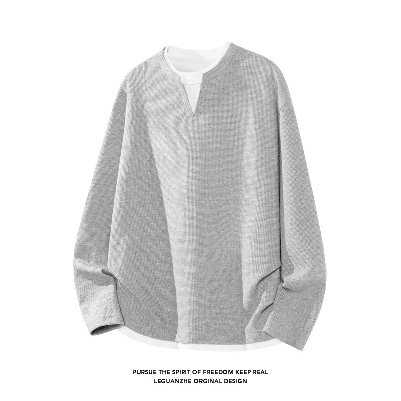 Youth Casual Fake Two Piece Top For Males Notch Collar Long Sleeve Waffle Weave Fabric Travel Friendly Clothing