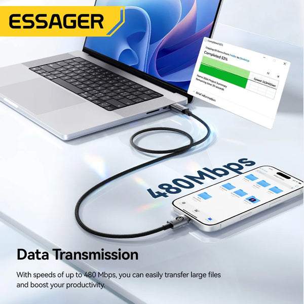 ខ្សែសាក Essager 100W Type C ទៅ Type C PD Fast Charging Cable សម្រាប់ Macbook iPad iPhone 17 16 Pro Max Digital Display Data Cord Wire
