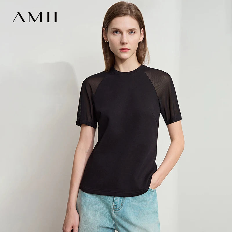 Amii Women Minimalist Summer Top 2026 New Style Versatile O-Neck Mesh Yarn Air Layer Slim Fit Slimming Casual T-Shirt 12522152