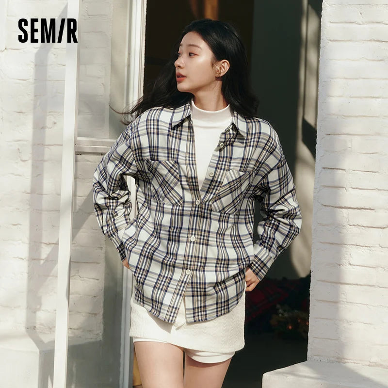 Semir Vintage Shirt Women Long Sleeve Mid Length Red Plaid Top Loose Casual Fashion Blouse 2026 Spring Stylish Outerwear
