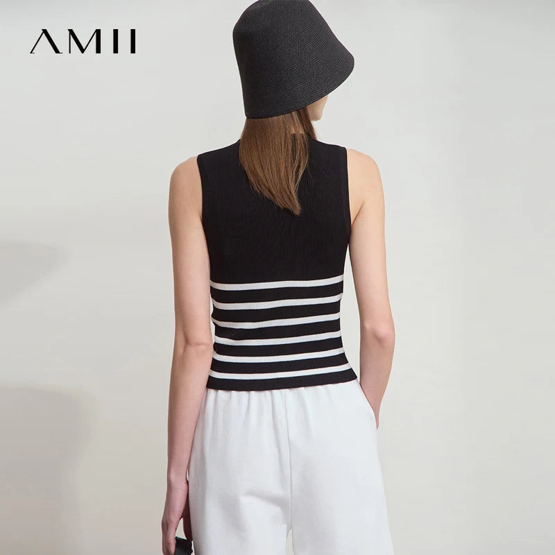 អាវកាក់រដូវក្តៅថ្មីរបស់ Amii Minimalist សម្រាប់ស្ត្រី កអាវរាងអក្សរ O ឆ្នូតៗ ប៉ាក់ពណ៌ ដៃអាវប៉ាក់ 12512036