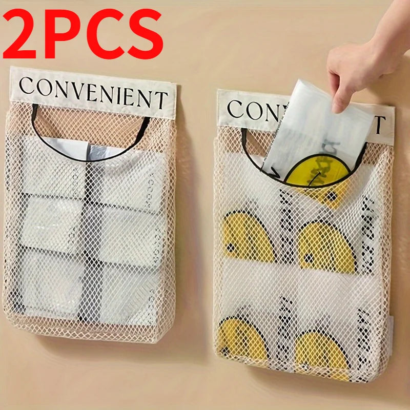 1/2pcs Versatile Wall-Mounted Plastic Bag Holder - Reusable Elastic Storage Net With Magic Sticker. for Kitchen, Bathroom