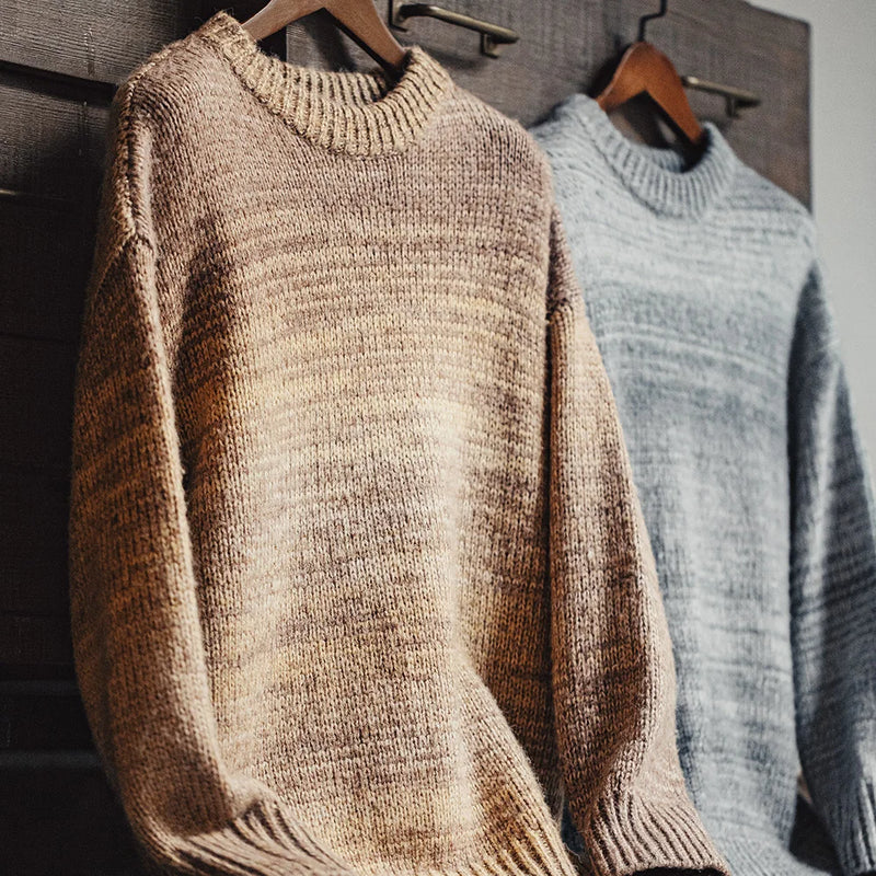 Maden Men's Vintage Gradient Stripe Sweater Round Neck Blended Knitted Pullover Warm Base-layer knitwear for Autumn and Winter