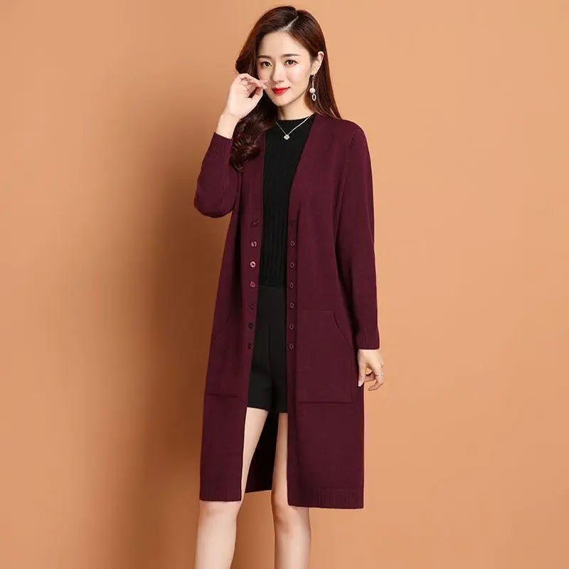 Long Cardigan For Women Buttons Loose Sweater Jacket Knitwear Woolen Coat Temperament Spring Autumn Female Knit Jumper Pocket