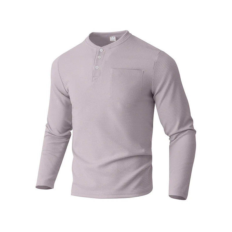 Quality Men's Long - Sleeve Henley Shirt with Button - Down Collar: Casual Spring/Autumn Polo Top Grid O-neck T-shirt