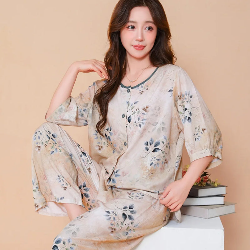 Summer Sleepwear Women's Home Clothes Pyjama Set Lounge Wear New 2 Piece Pjs Pajamas for Women Thin Button Top Loungewear Suit