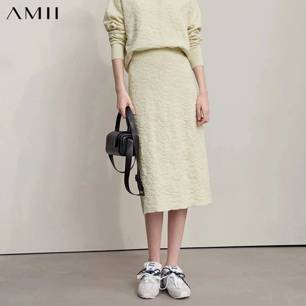 AMII Women's Skirt Medium And Long Jacquard Skirts For Women 2026 Autumn New Minimalist Solid Color Clothing Ladies 12543069