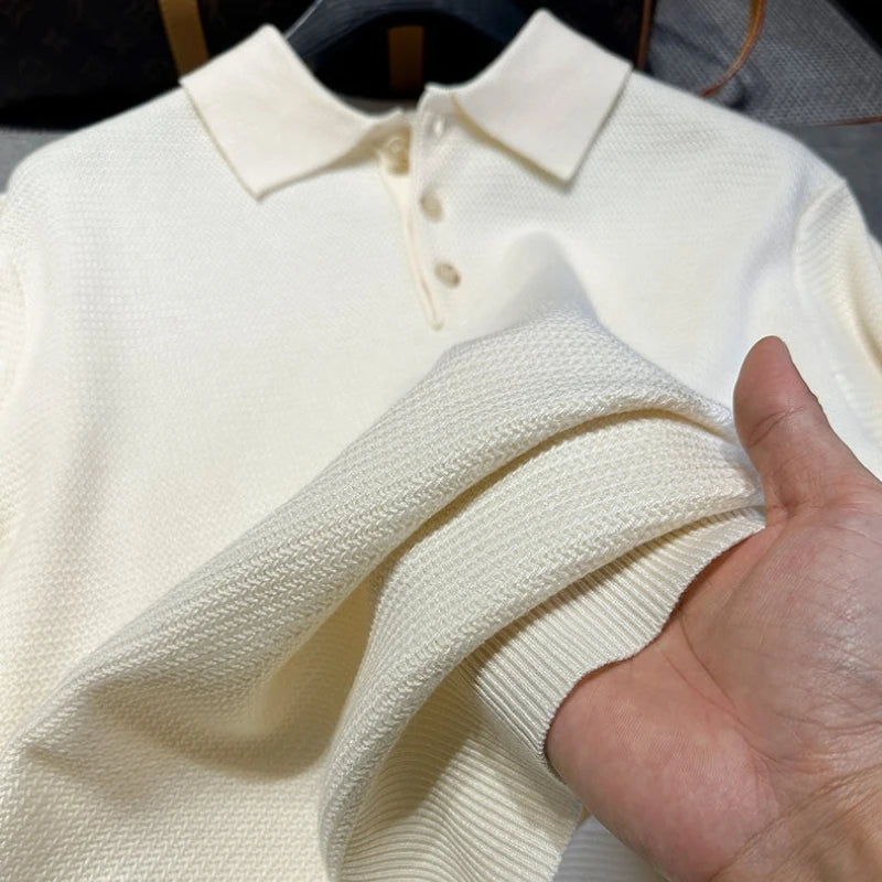 Men's Wool Blend Sweater, Polo Collar Shell Buttons, Old Money Style, Light Beige Gray