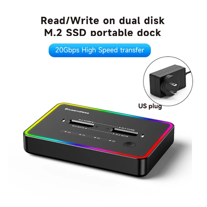 ប្រអប់ SSD M.2 ប្រភេទ SSD ប្រភេទ C 10Gbps សម្រាប់ភ្ជាប់ SSD ប្រភេទ PCIe NVMe ឬ SATA 2 Bay ដោយគ្មានអ៊ីនធឺណិត Blueendless